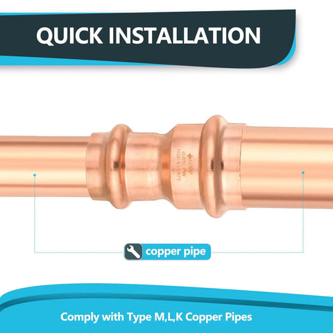 Bulk Box Of One Hundred Professional Grade Copper Press Couplings With Built In Stops, One Inch By Three Quarter Inch Plumbing Fittings for quick installation.