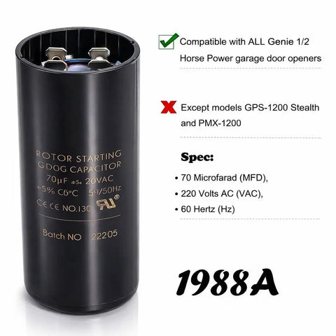 Garage Door Opener Starting Capacitor Replacement 70 MFD 220V 60Hz For 1/2 HP Openers, Compatible With 19988 And X19988A, Top Notch 19988A Motor Cap For Smooth Starts And Reliable Power