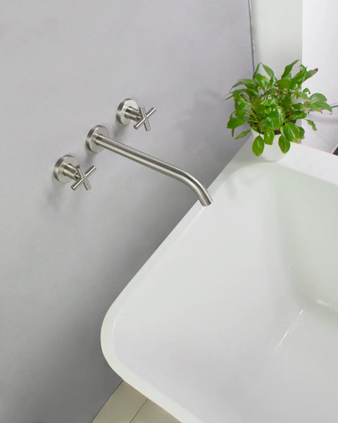 Wall Mounted Tub Filler Faucet With Two Handles, Brushed Nickel Finish, Extra Long 13 Inch Spout, Brass Rough In Valve, High Flow Roman Bathtub Faucet Set For Modern Bathrooms above a bath