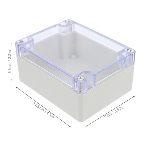 Rugged Waterproof Clear Plastic Junction Box For Outdoor Lighting And Power Supply, 11.5cm x 9cm x 5.5cm clear lid and white base.