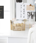 Gold Desk Organizer Set With Drawer Metal Mesh Office Organizer For Women Functional And Stylish Desktop Storage displayed on a white desk