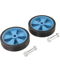 Wicked Smooth Five Inch Caster Wheels For Air Compressor Silent Shockproof Replacement Casters For Workshop And Pneumatic Tools Two blue rubber wheels with bolts.