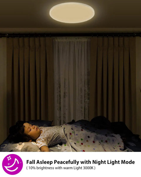 Dimmable Smart LED Ceiling Light Flush Mount 12 Inch 24W 3200 Lumens above a sleeping person in a dimly lit bedroom