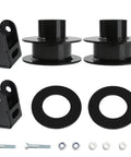 Drop In Ready Heavy Duty Two Inch Front Leveling Kit With Strut Spacers And Shock Extenders Compatible With Ford F250 And F350 Super Duty Four Wheel Drive Trucks showing black strut spacers and shock extenders.