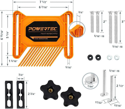 Badass Table Saw Dust Collector Bag For 10 Inch Workshop Rigs With 2.5 Inch Port And Slick Dual Featherboards Using Miter Flex Locks T Bolts For Straight Clean Double Pack Shop Setup with orange featherboard and accessories.