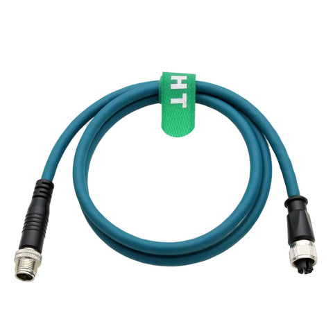 M12 8 Pin X Coded Ethernet Extension Cable Adapter, male to 8 pole female, 2m length, shown coiled with connectors
