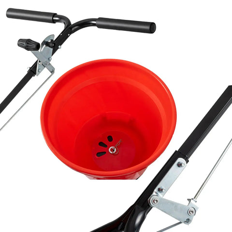 Red hopper and handlebars of Walk Behind Broadcast Fertilizer And Seed Spreader With 90 Pound Capacity And 23 Liter Hopper