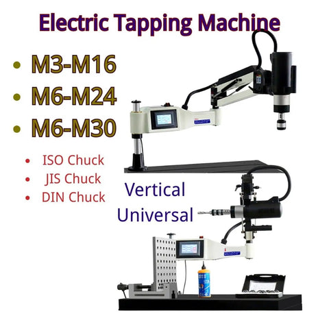 Universal Vertical Electric Tapping Machine For Metalworking, 220V Power, ISO JIS DIN Certified, side view and specifications