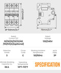Technical diagram of 63 Amp 3 Pole DIN Rail Mounted Miniature Circuit Breaker for 120/240V Systems with dimensions and specifications