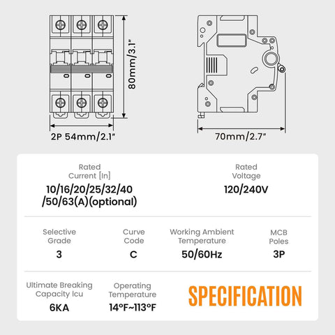 Technical diagram of 63 Amp 3 Pole DIN Rail Mounted Miniature Circuit Breaker for 120/240V Systems with dimensions and specifications