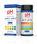 All-Purpose pH Test Strips 0-14, 100 Count bottle and box with color chart for home urine and saliva testing