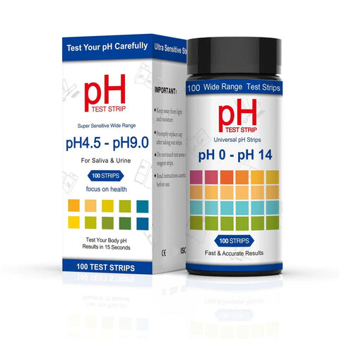 All-Purpose pH Test Strips 0-14, 100 Count bottle and box with color chart for home urine and saliva testing