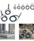 Fuji KT System Rod Guide With Stainless Steel Frame And Porcelain Ring, Knots-Resistant K-Frame, Silver Finish, Multiple Sizes For Casting Rod Building And Repair, Pro-Grade Setup That Keeps Lines Smoother And Snarl-Free. Silver rod guides in multiple sizes on white background and outdoor rocks