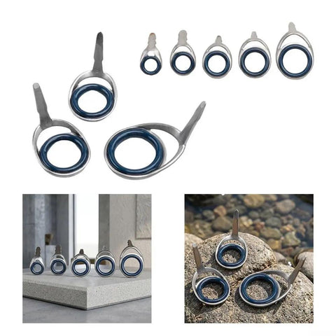 Fuji KT System Rod Guide With Stainless Steel Frame And Porcelain Ring, Knots-Resistant K-Frame, Silver Finish, Multiple Sizes For Casting Rod Building And Repair, Pro-Grade Setup That Keeps Lines Smoother And Snarl-Free. Silver rod guides in multiple sizes on white background and outdoor rocks