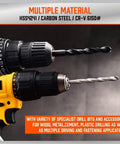 Close-up of two drill machines with attached bits, showcasing Premium 246 Piece Drill Bit Set for Wood Metal Concrete.