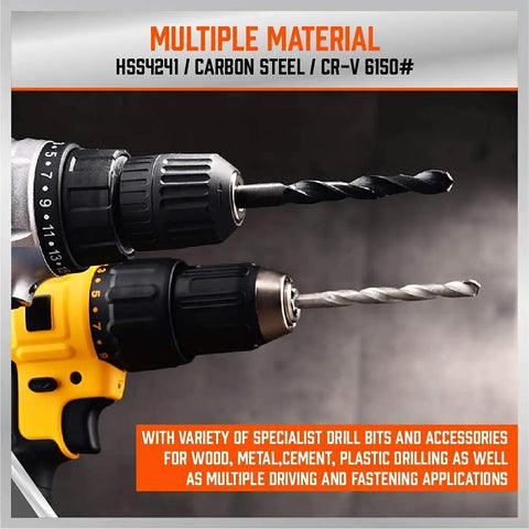 Close-up of two drill machines with attached bits, showcasing Premium 246 Piece Drill Bit Set for Wood Metal Concrete.