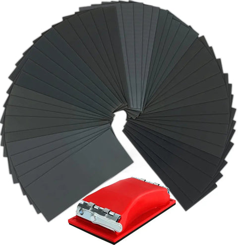 Pro Grade Wet Dry Sandpaper Set With Red Handle 90 Pieces Grit 400 Through 3000 Assorted Sheets 9x3.6 Inch For Automotive Sanding Wood Finishing Furniture Smoothing And Turning