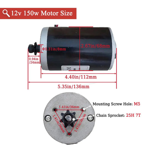 12V 150W DC Brush Electric Scooter Motor With 7 Tooth 25H Chain Sprocket High Speed 2750 RPM Replacement Part For Small Electric Rides Like Dirt Bikes And Scooters Plug And Play Ready