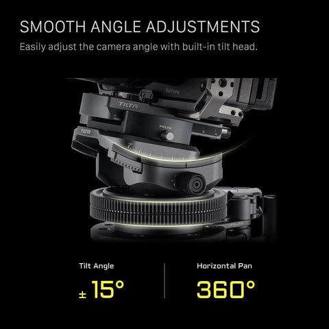 Close-up of Hydra X Dan Ming High Speed Pan System Pro Kit adjustable tilt rotatable base with camera mount and angle specifications.