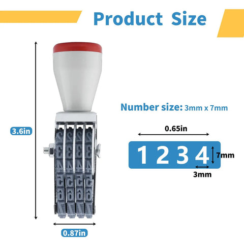 Durable 4 Digit Number Roller Stamp measures 3.6in, features four dials for numbers 0-9, ideal for busy offices and retail shops.