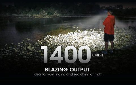 Person using Nu43 Lightweight Rechargeable Headlamp Boss Level 1400 Lumens USB C Charging Included Eco Sensa Battery outdoors.