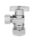 Front view: chrome-plated brass angle stop valve with 1/2 in nominal inlet and 3/8 in compression outlet; 1/4-turn.