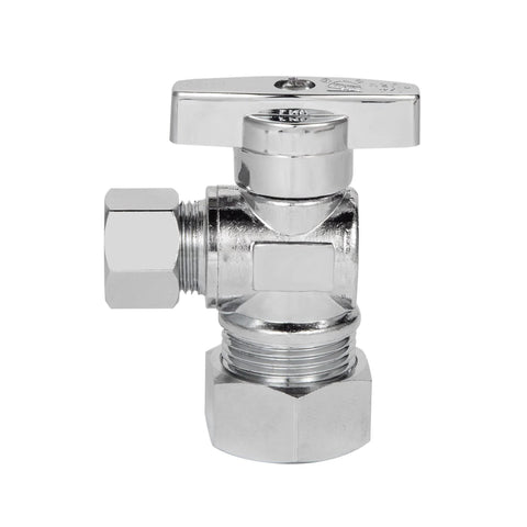 Front view: chrome-plated brass angle stop valve with 1/2 in nominal inlet and 3/8 in compression outlet; 1/4-turn.