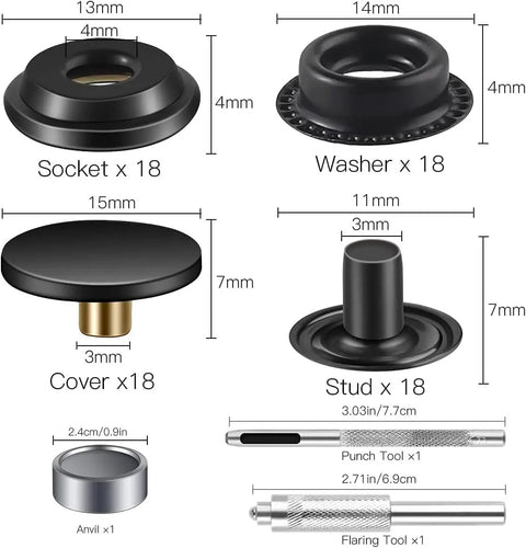 18 Sets Snap Fastener Kit 15mm Metal Snaps For Leather Bags Jeans Clothes And Fabric Black Great For Bag Making And Garment Repairs With Easy To Install Tools DIY Ready showing sockets, washers, covers, studs, anvil, and tools.