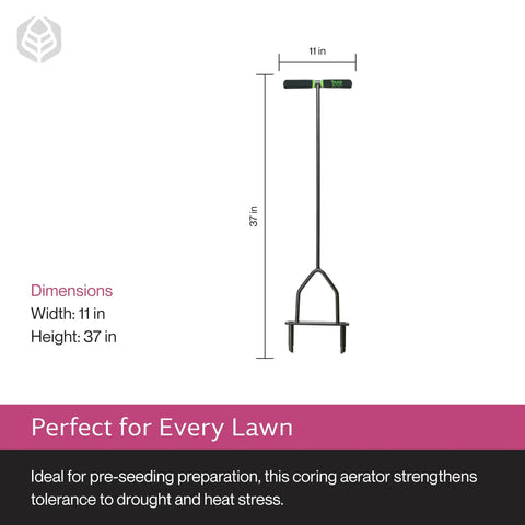 Manual Lawn Coring Aerator With Long Handle, Powder Coated Steel Construction, 37-inch Height, Cushioned Handles, No Fuss Garden Tool