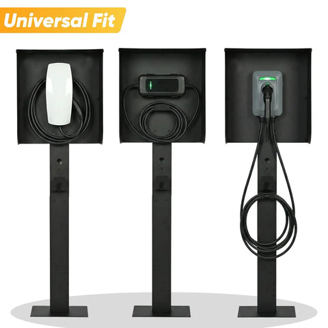 All Weather EV Charger Pedestal With Roof And Side Protection Built To Last Indoor Outdoor Charging Stand shown in three variants