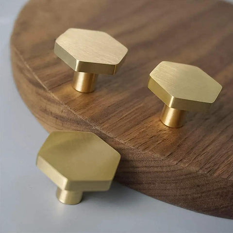 Solid Brass Cabinet Knobs And Pulls Set, 1-1/10 Inch Hexagon Handles For Dresser Drawers And Shoe Cabinets, Brushed Brass Finish