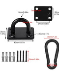 Eight Piece Pad Eye Plate Stainless Steel Hammock Hooks kit showing dimensions and components for multiple uses