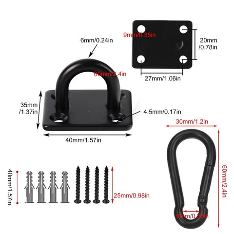 Eight Piece Pad Eye Plate Stainless Steel Hammock Hooks kit showing dimensions and components for multiple uses