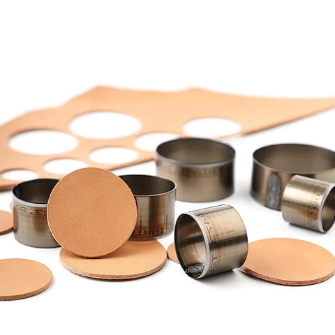 Round Leather Cutting Circle Cutter Tool Set with high carbon steel blades for belt hole sizing and leather accessories.