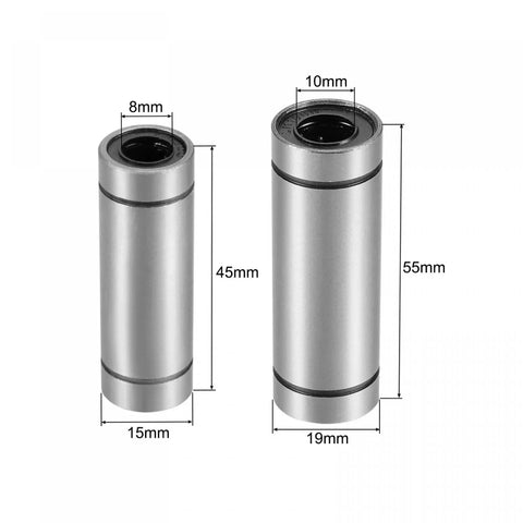 Eight Piece Kit Of Extra Long LM8LUU And LM10LUU Linear Ball Bearings, chrome steel, 8mm and 10mm sizes for CNC routers and 3D printers.