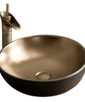 Modern Ceramic Vessel Sink with Faucet and Drain, Luxury Gold Oval/Rectangle Countertop Bathroom Vanity Basin shown from above with smooth finish.