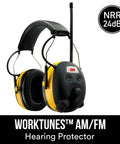 WorkTunes AM FM Hearing Protector With Built In Mic And High Fidelity Speakers, NRR 24 dB, yellow radio ear muffs