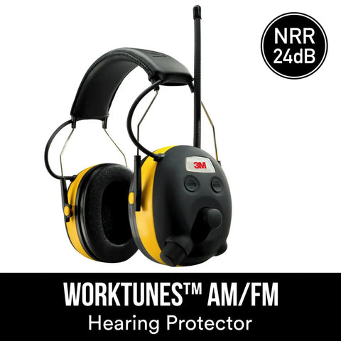 WorkTunes AM FM Hearing Protector With Built In Mic And High Fidelity Speakers, NRR 24 dB, yellow radio ear muffs