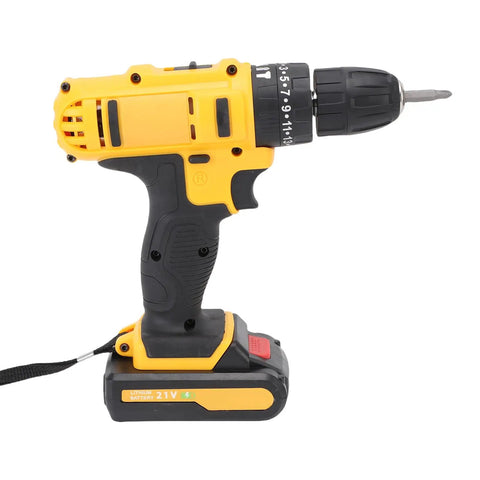 21V Cordless Drill 35Nm Impact Driver Kit 2 Speed Screwdriver Tool Wood Metal Plastic in side view with battery attached