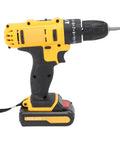 Rugged 21V Cordless Drill And 3 In 1 Impact Driver Kit Featuring Straight Shooting Accuracy Up To 1280 Rpm, side view showing grip and battery.
