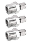 Three stainless steel compression tube fittings, 1/2 NPT male × 1/4 in tube OD, with double ferrules (3 pcs)