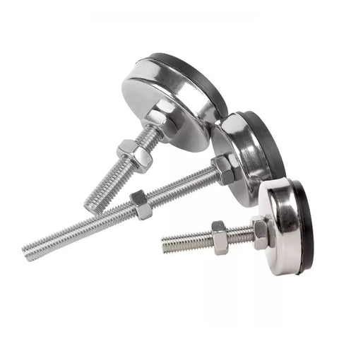 Top Shelf 304 Stainless Steel Furniture Feet With Non Slip Rubber Pads Adjustable M6 To M20 Levelers 180mm shown in various angles.