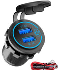 Dual Quick Charge 3.0 Auto Charger With Responsive Touch Switch Plus 12V Accessory Socket, black USB car charger with wires.
