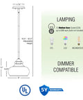 Dimensions and features of Modern Schoolhouse Pendant Light With Clear Glass Shade In Brushed Nickel Finish Industrial Farmhouse Style