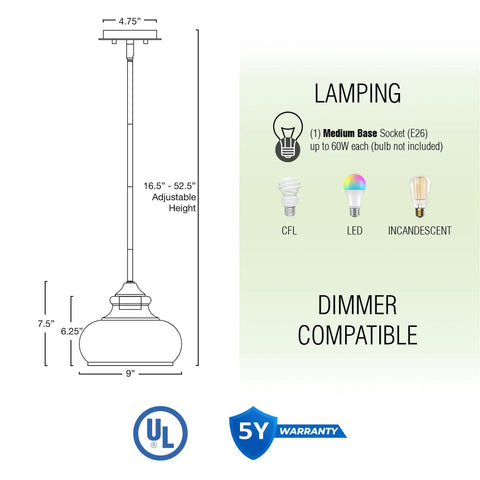 Dimensions and features of Modern Schoolhouse Pendant Light With Clear Glass Shade In Brushed Nickel Finish Industrial Farmhouse Style