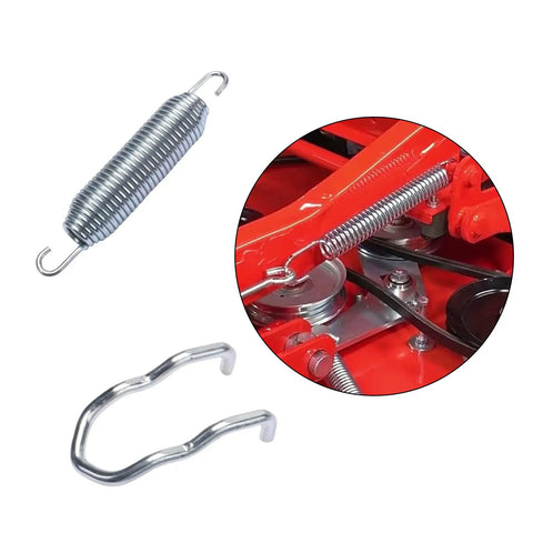 Top Rated Deck Idler Tension Anchor Fitting For Mowers To Stop Slippage includes metal spring and hook attachment for stability.