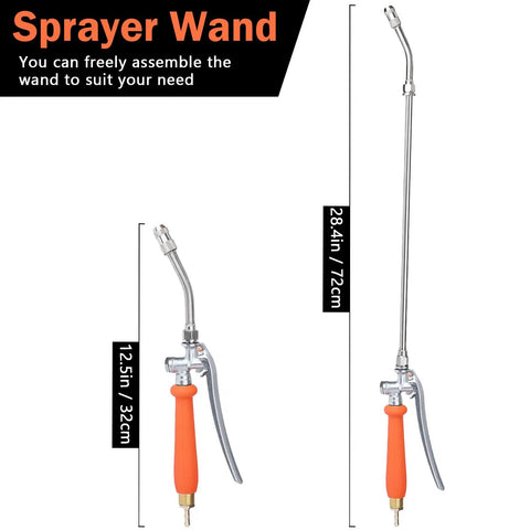 All Metal Sprayer Wand for Garden Hoses, 29 Inch Adjustable Stainless Steel Spray Wand with Built-In Shut-Off Valve, Brass Barbs for 3/8 and 1/4 Inch Hoses, Includes 2 Hose Clamps, Yellow, showing dimensions and design.