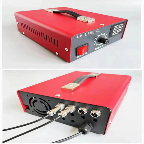 Built Tough Multi Lamp UV Curing Light At Two Thousand Watts showing red metal casing, power switch, and connection ports.