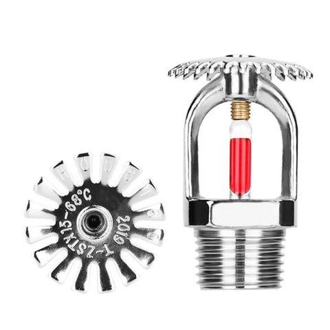 Set Of Two Upright Fire Sprinkler Heads With Half Inch Npt Threads Chrome Plated Copper Housing One Fifty Five Fahrenheit Activation - close-up view