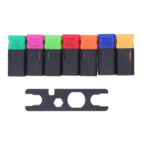 Rivet Nut Gun Kit For M3 To M12 Sizes, colored sockets with wrench for efficient riveting, automotive and DIY use.